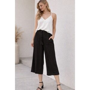 Rewash Black Wide Leg Capri‎ Pants Womens Large Lace Up Front Flowy Casual